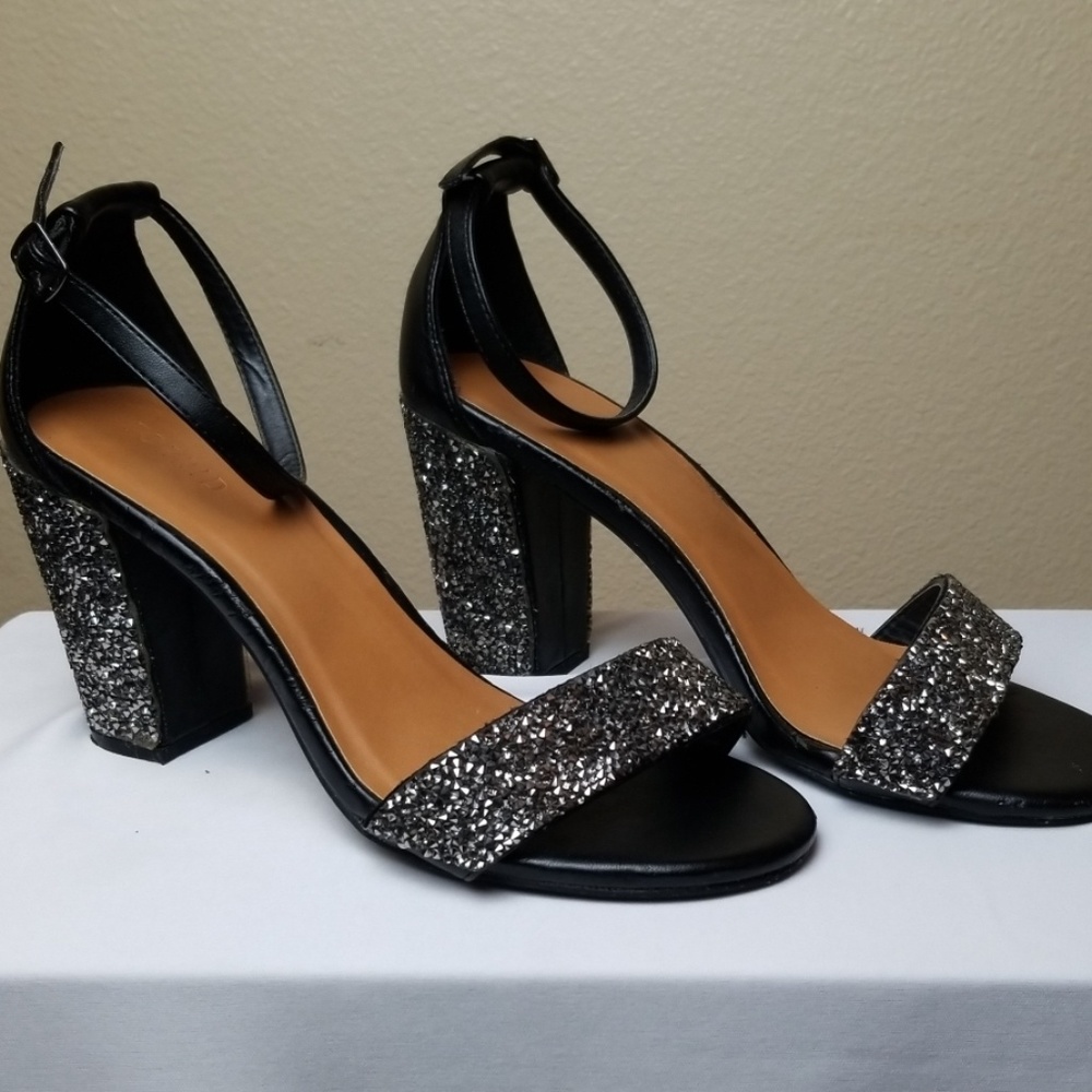 Wide width ankle strap sequin heel